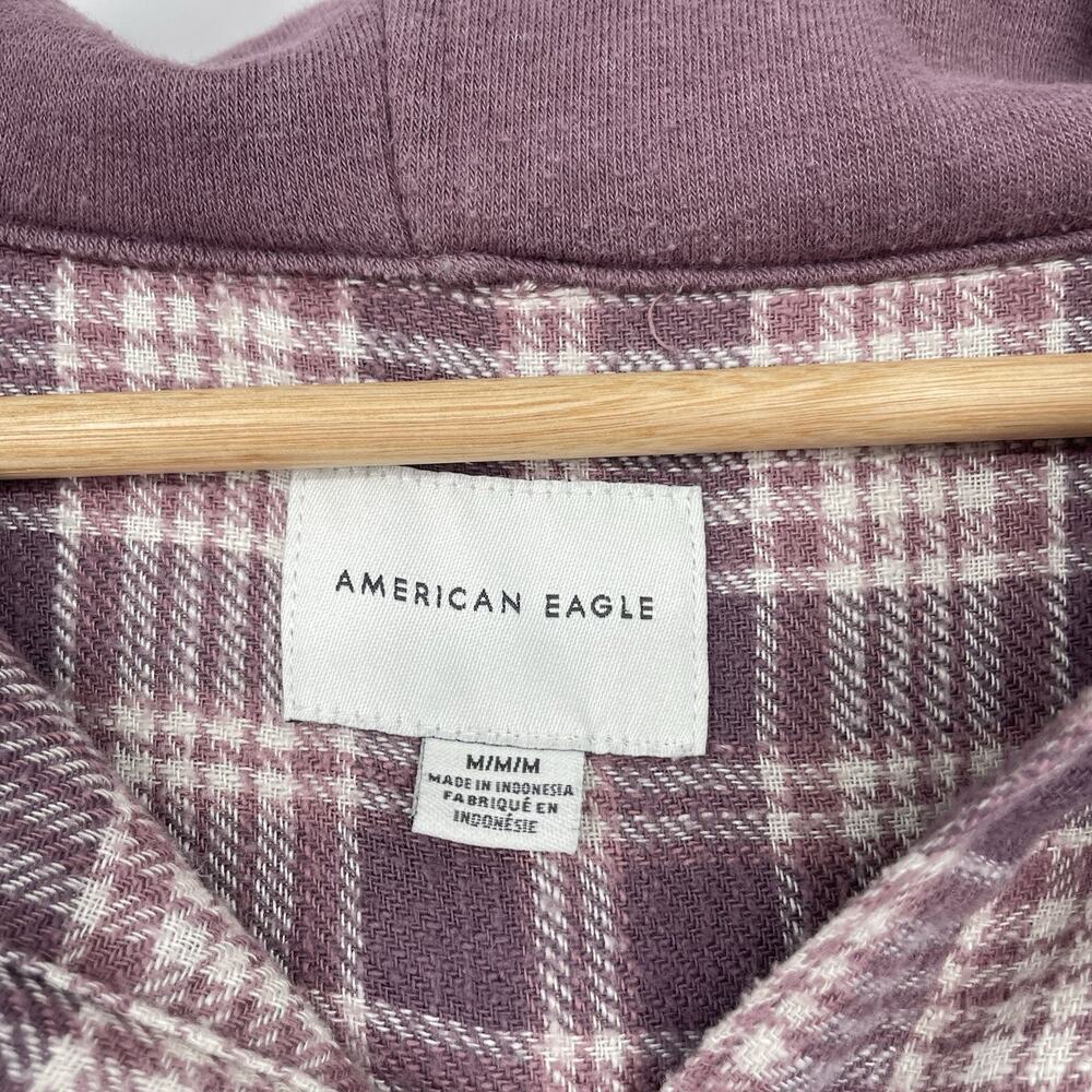 American Eagle Women's M Plaid Flannel Hoodie Button Up Shirt Western Cozy Boho - Picture 8 of 11